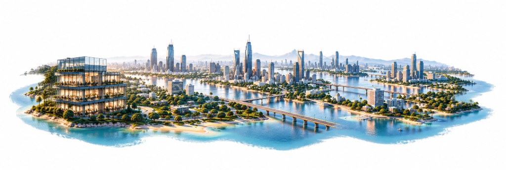 Panoramic illustration of a connected waterfront cityscape with bridges, islands, and lit office interiors