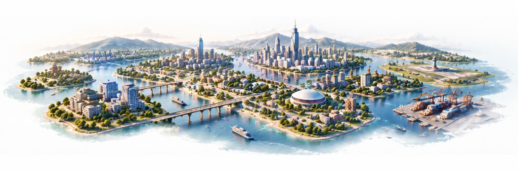 Illustrated miniature island city with civic buildings, connected districts, bridges, waterways, and urban infrastructure.