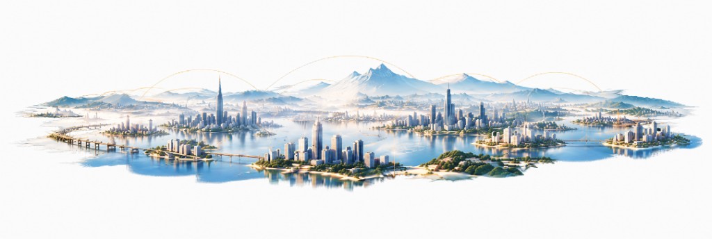 Panoramic illustration of different connected city environments