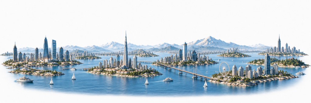 Panoramic illustration of connected cities, bridges, and civic infrastructure